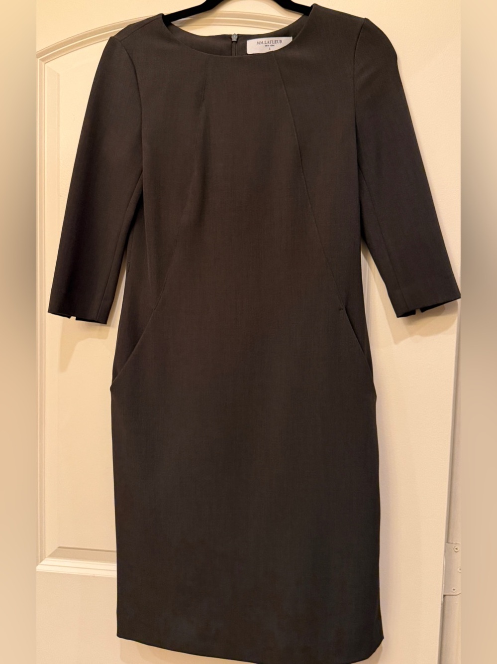 MM LaFleur, Etsuko Sheath Dress Dark Gray 3/4 Sleeve, Pockets, Size 2,